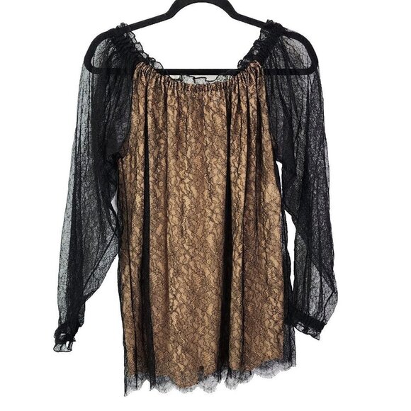 $1295 MICHAEL KORS Made in Italy Black Lace Nude Off the Shoulder Shirt Top 6 - Picture 3 of 16